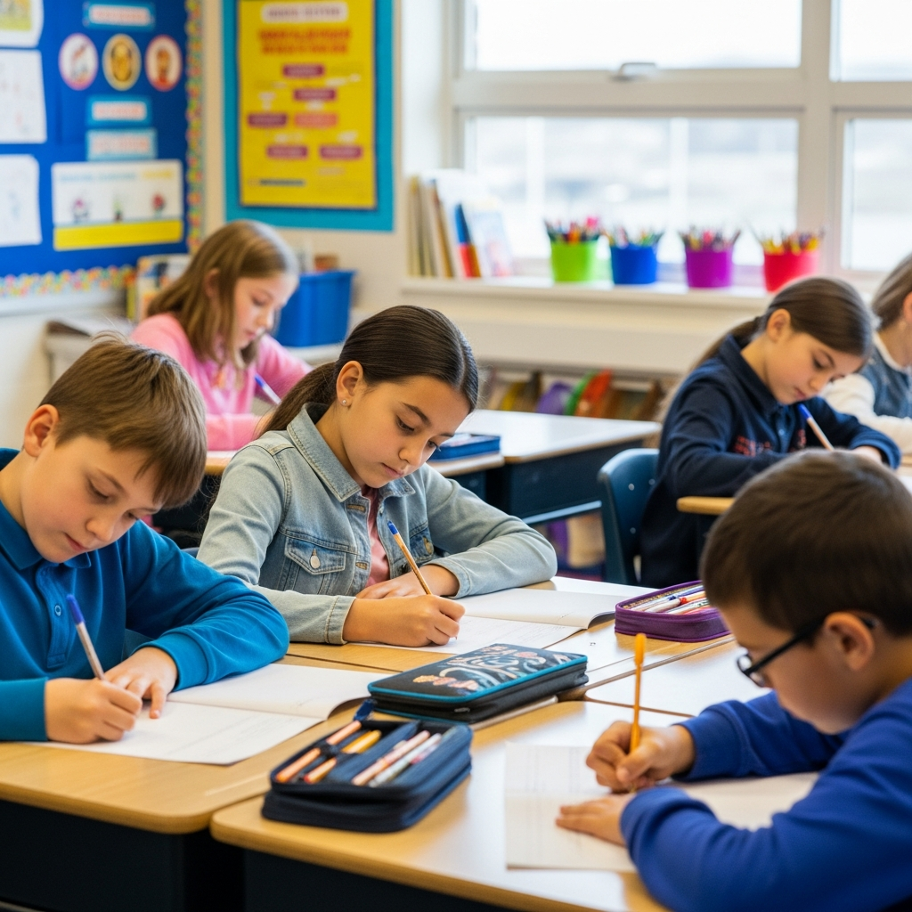 Elementary students seated at desks, working quietly on math problems in small groups with notebooks and pencils.