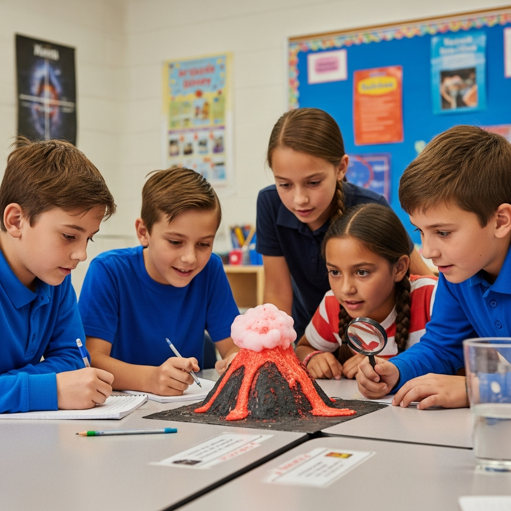 A small group of elementary students gathered around a table, observing a science experiment together and discussing their observations.