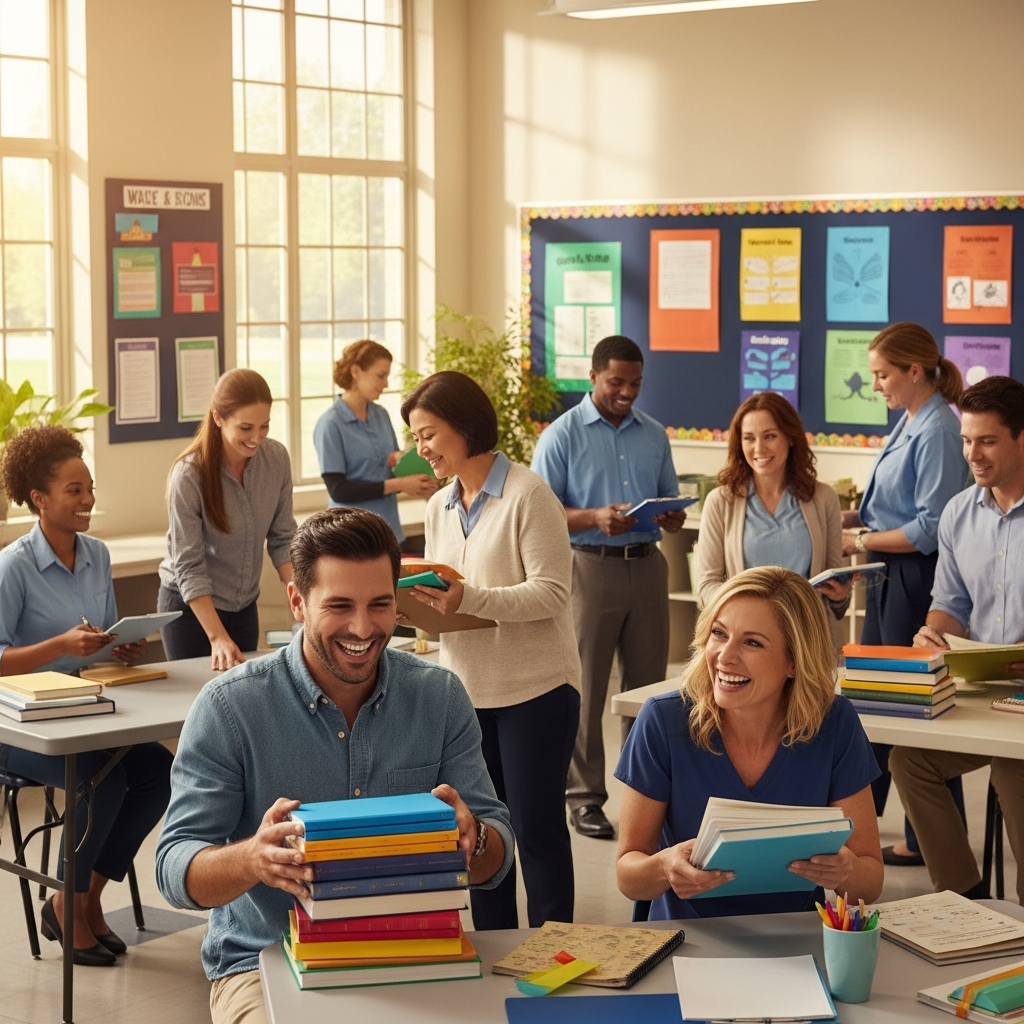 District staff members organizing and reviewing educational materials and resources at tables inside a school building.