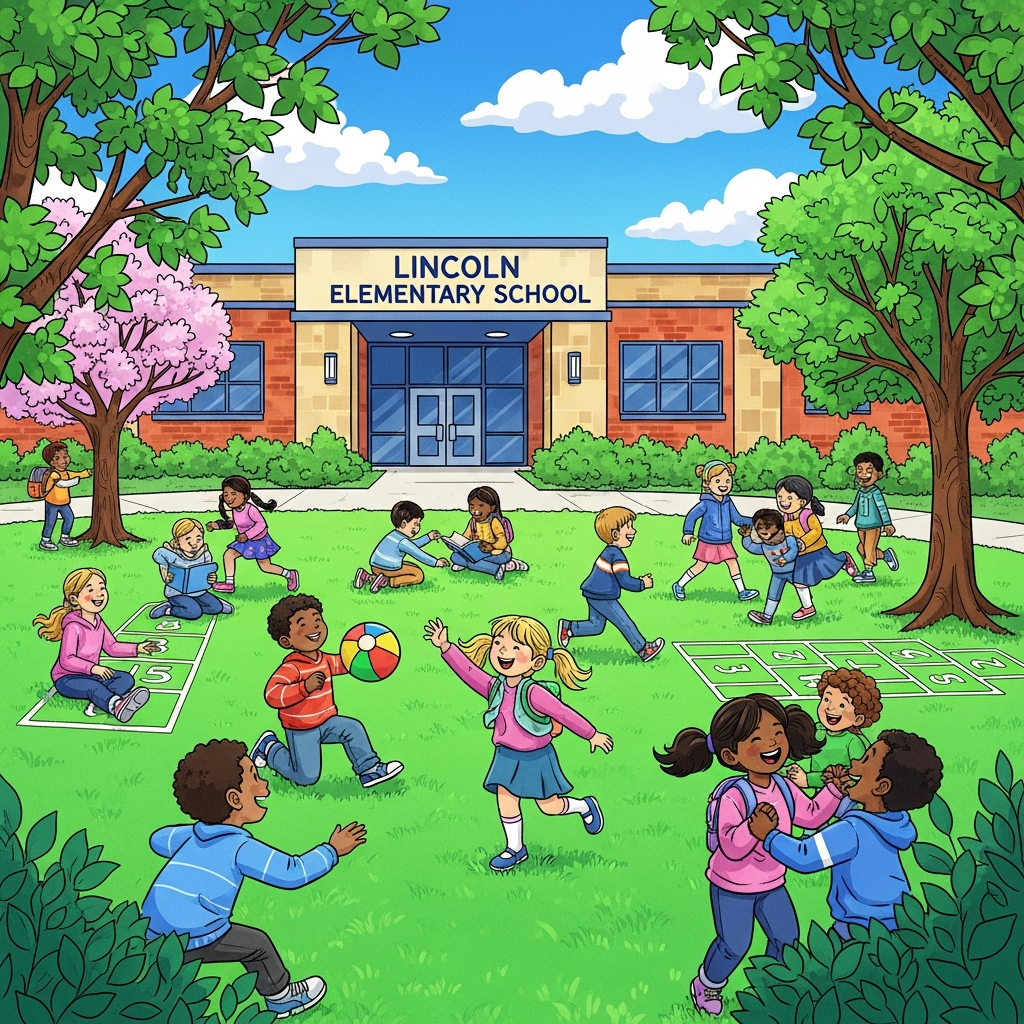 Illustration of elementary students playing together outside on a school lawn in front of a building labeled “Lincoln Elementary School,” with children running, reading, and playing games.