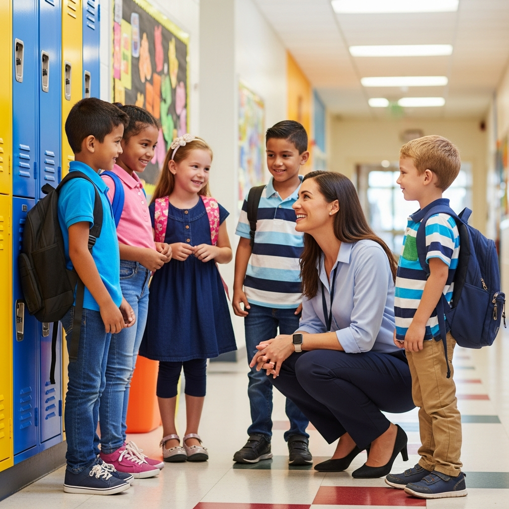 An educator kneels in a school hallway speaking with a small group of elementary students wearing backpacks. The students are standing near lockers, smiling and engaged in conversation, reflecting a positive and supportive school environment.
