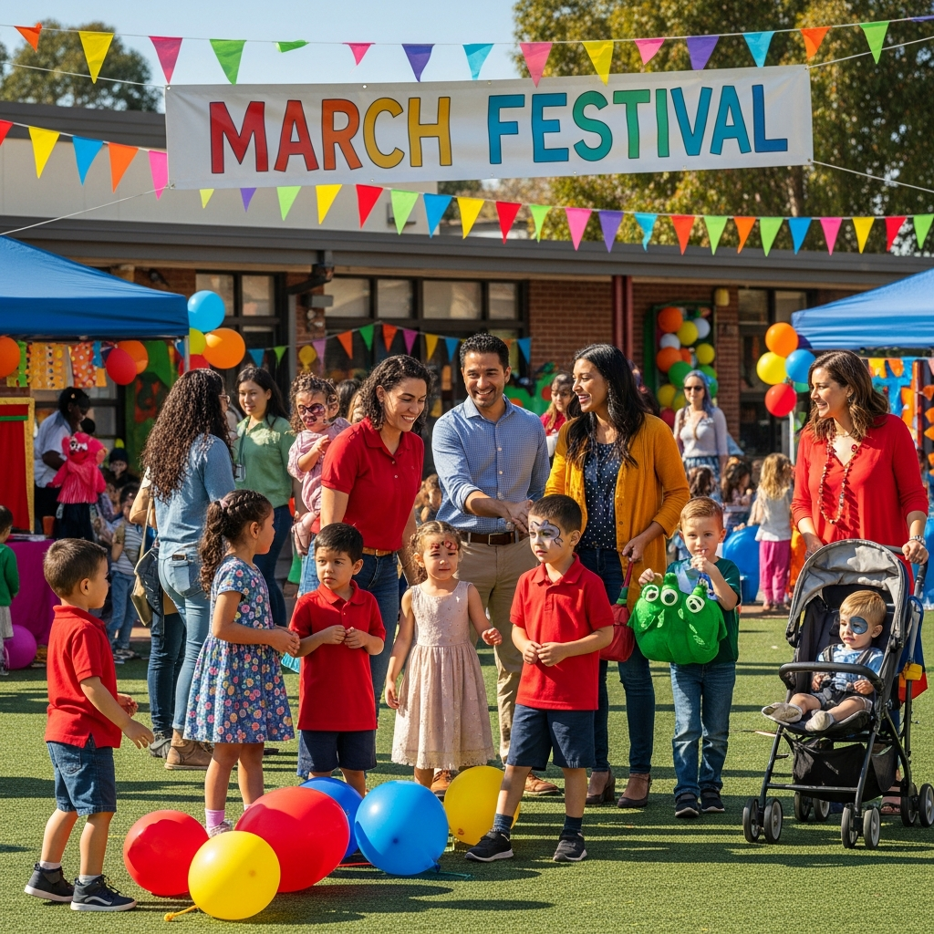 Students, families, and staff gathered outdoors at a school festival with colorful decorations, balloons, and activity booths, enjoying a community event together.
