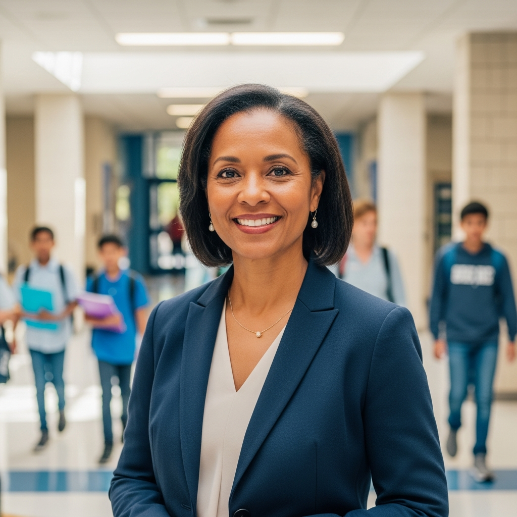 A school district leader standing in a hallway, smiling, with students walking in the background.