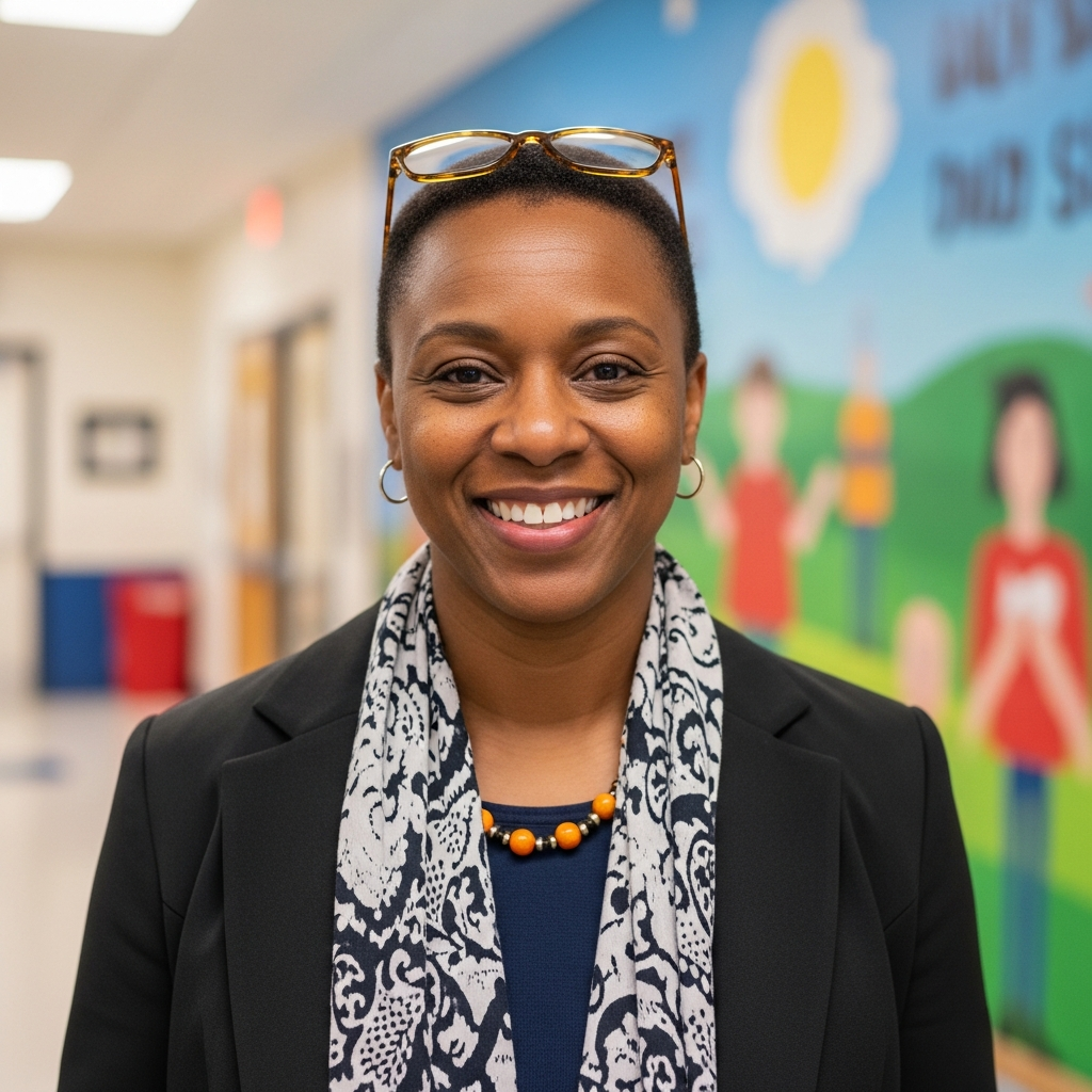 A school principal smiling in a hallway, wearing a blazer and scarf, with a colorful student mural visible in the background.