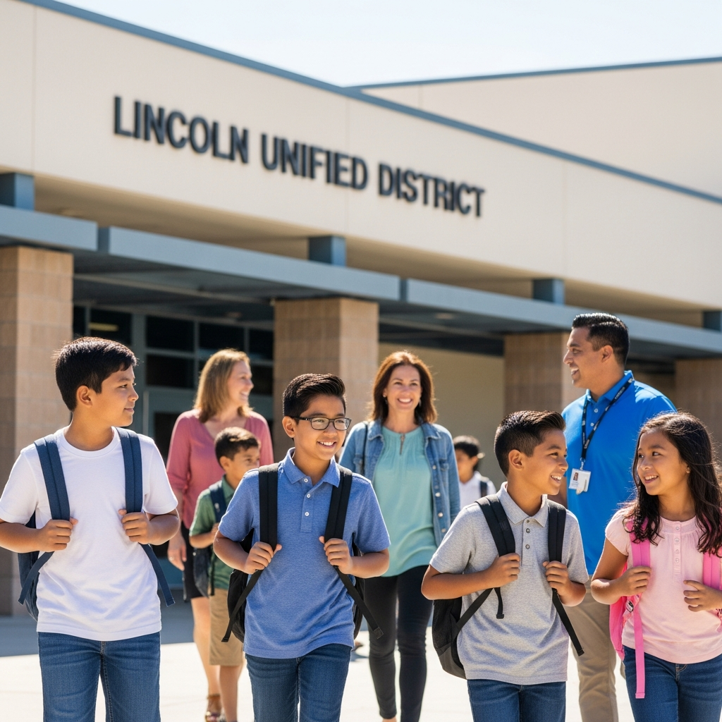 Students walking together outside a school building with backpacks, accompanied by adults, in front of a district office entrance.