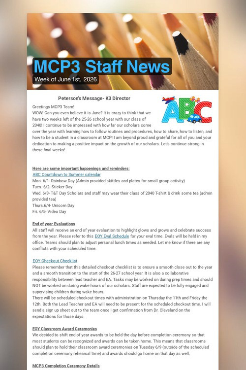 MCP3 Staff News