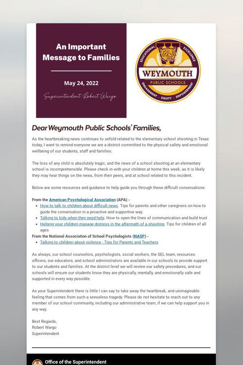 Message to Families - 5/24