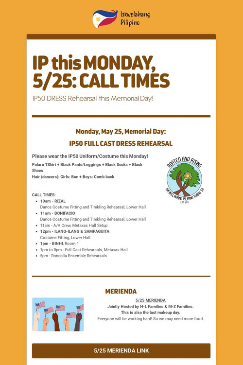 IP this MONDAY, 5/25: CALL TIMES