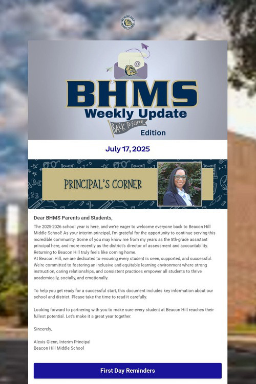 Principal Welcome Back to Families