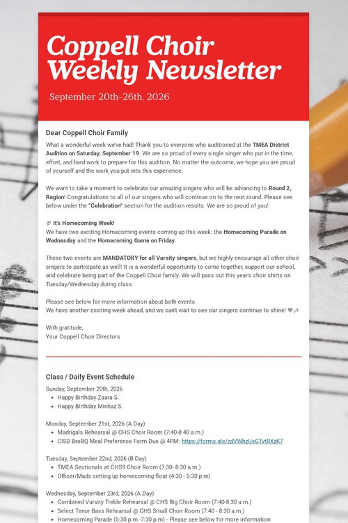Coppell Choir Weekly Newsletter
