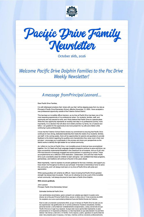 Pacific Drive Family Newsletter