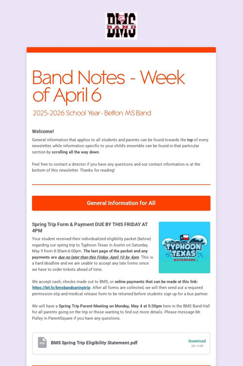 Band Notes - Week of April 6
