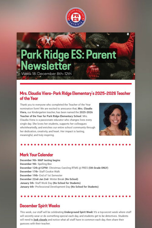 Park Ridge ES: Parent Newsletter