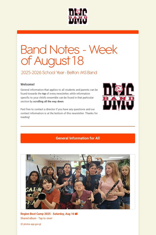 Band Notes - Week of August 18