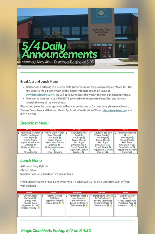 5/4 Daily Announcements