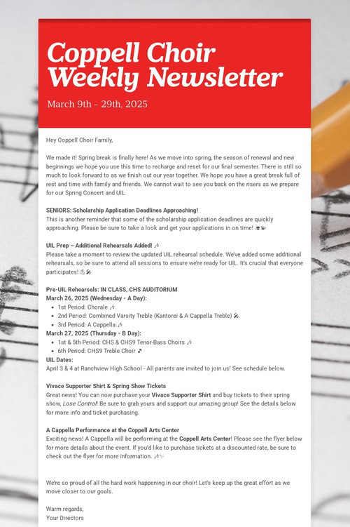 Coppell Choir Weekly Newsletter