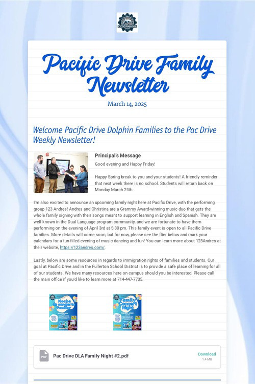Pacific Drive Family Newsletter