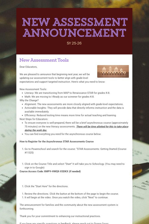 NEW ASSESSMENT ANNOUNCEMENT