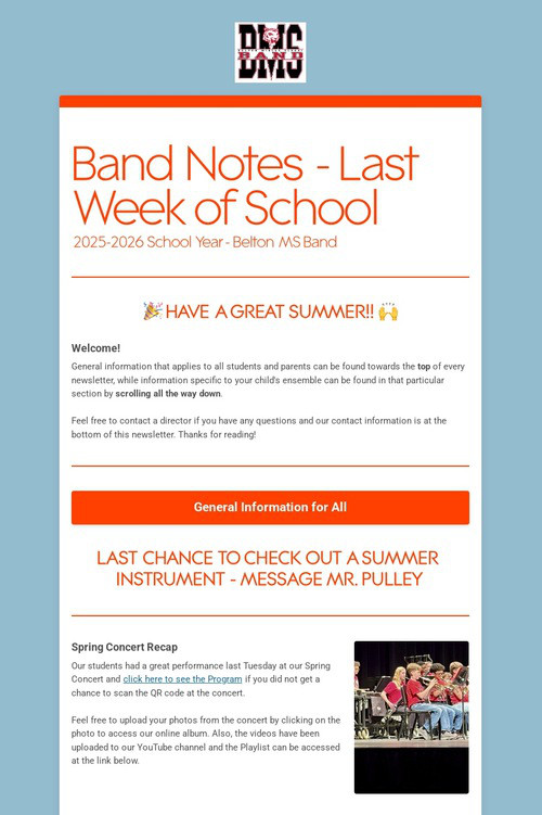 Band Notes - Last Week of School
