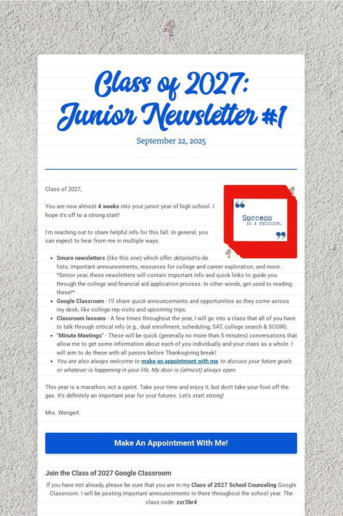 Class of 2027: Junior Newsletter #1