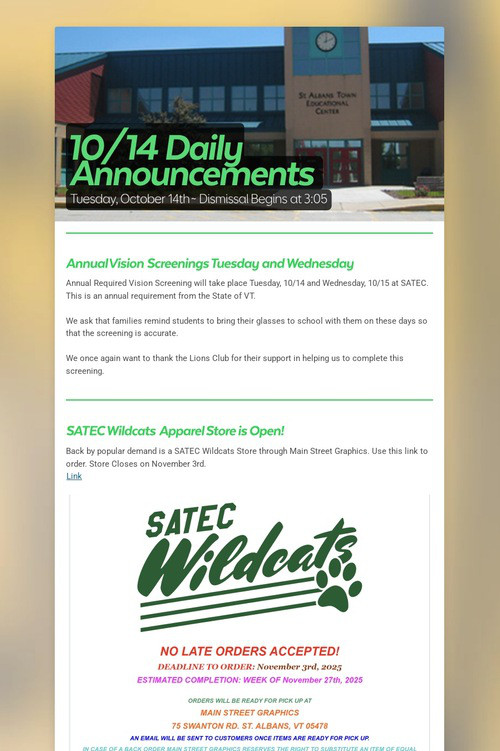 10/14 Daily Announcements