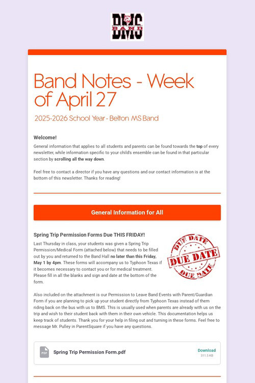 Band Notes - Week of April 27