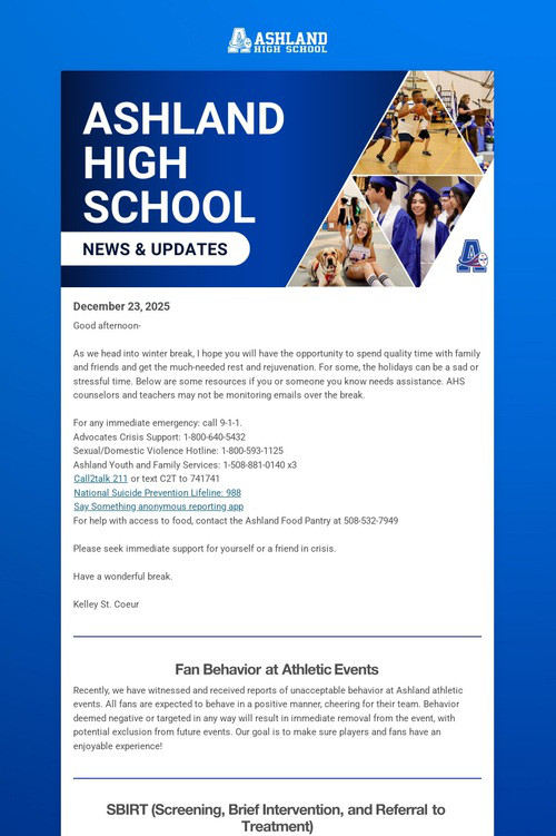 Ashland High School Weekly Update