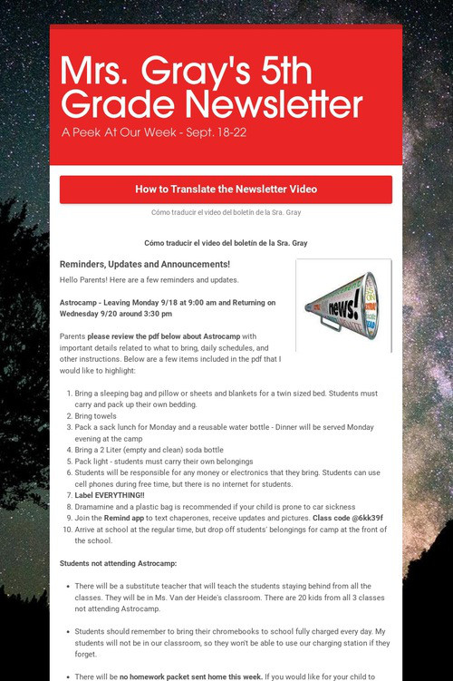 Mrs. Gray's 5th Grade Newsletter