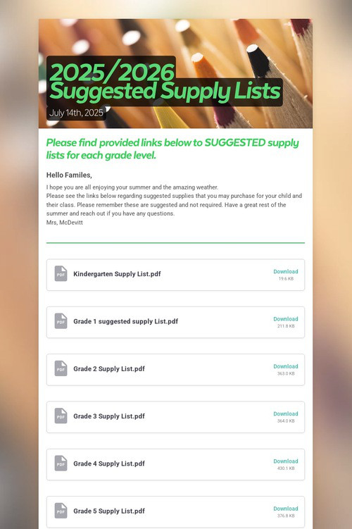 2025/2026 Suggested Supply Lists