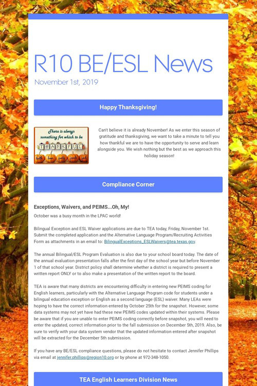 R10 BE/ESL News