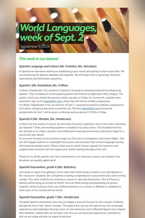 World Languages, week of Sept. 2