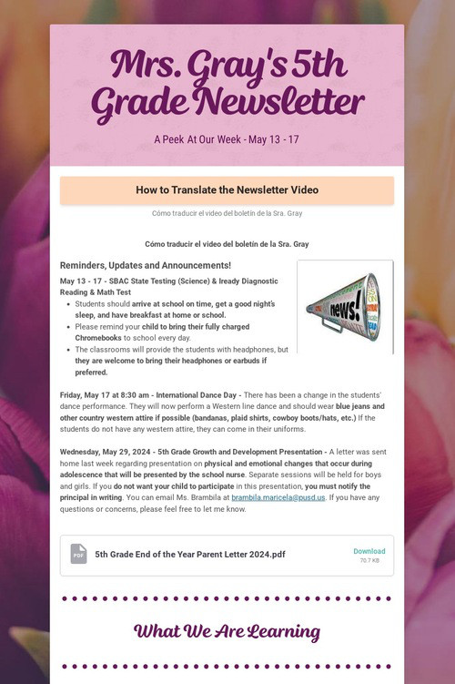 Mrs. Gray's 5th Grade Newsletter