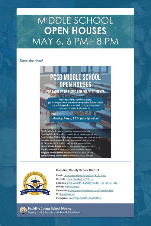 Middle School Open Houses May 6