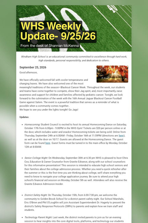 WHS Weekly Update- 9/25/26