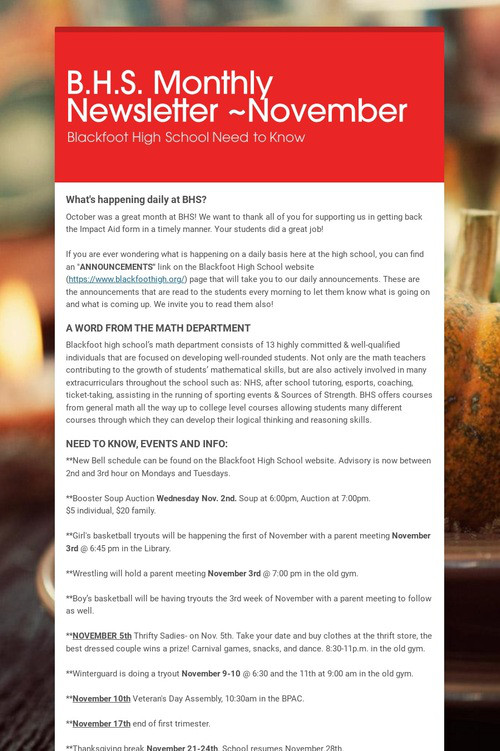 B.H.S. Monthly Newsletter ~November