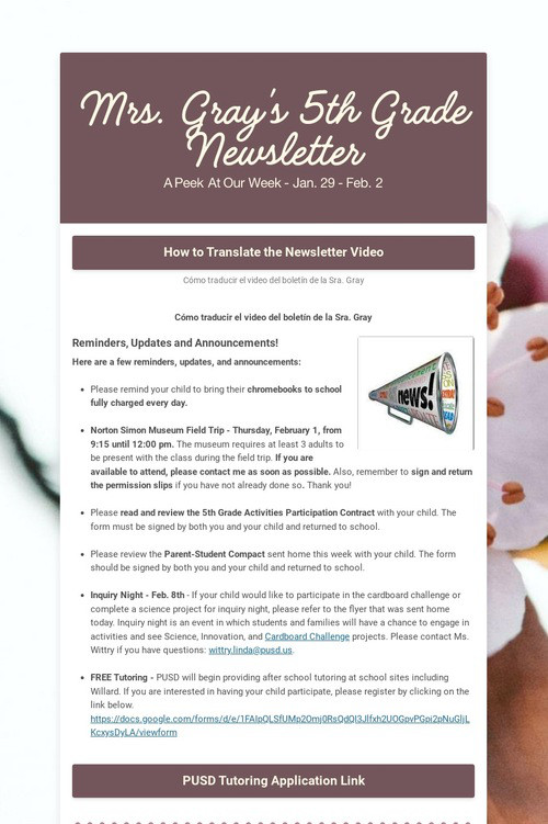 Mrs. Gray's 5th Grade Newsletter