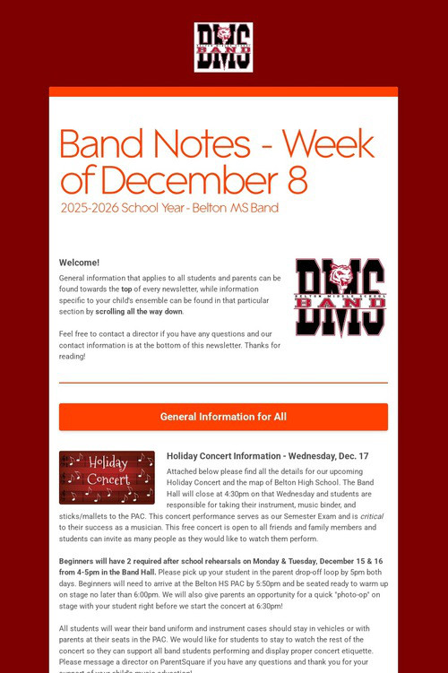 Band Notes - Week of December 8