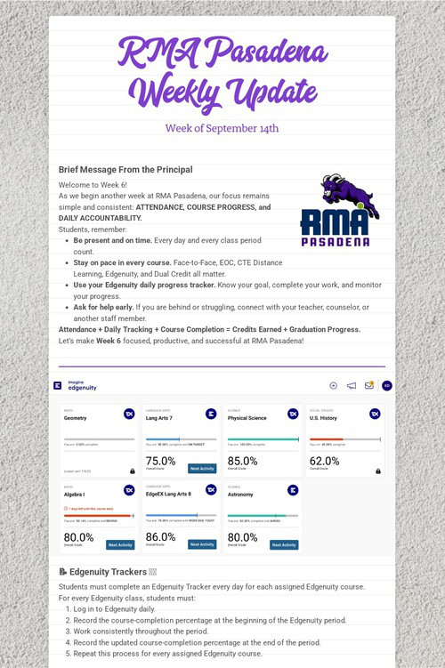 RMA Pasadena Weekly Update