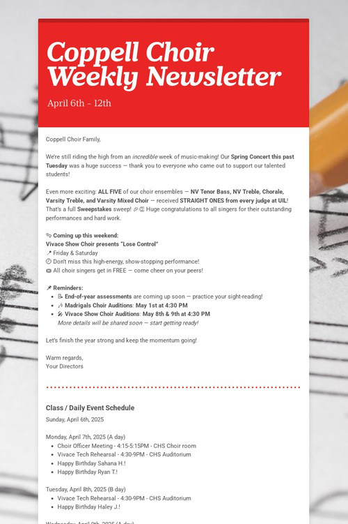 Coppell Choir Weekly Newsletter