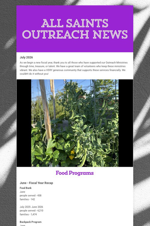 All Saints Outreach News