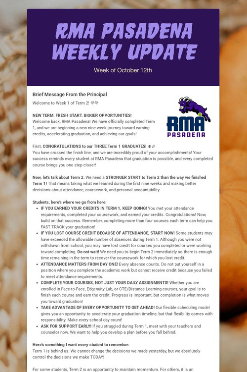 RMA Pasadena Weekly Update