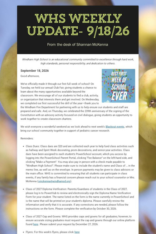 WHS Weekly Update- 9/18/26