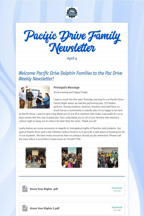 Pacific Drive Family Newsletter