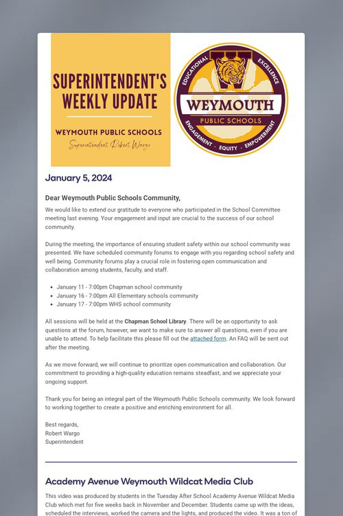 Superintendent's Weekly Update