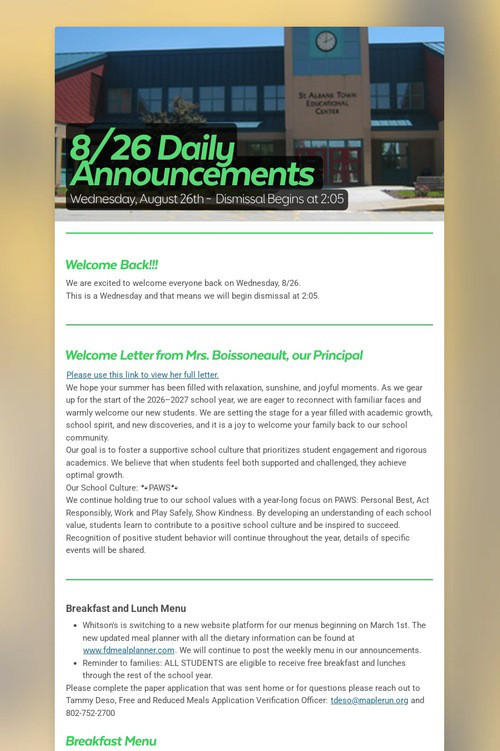8/26 Daily Announcements