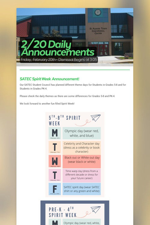 2/20 Daily Announcements