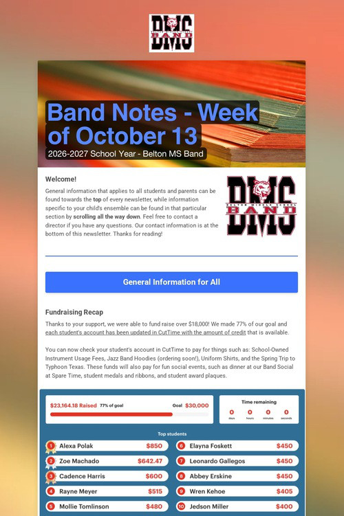 Band Notes - Week of October 13