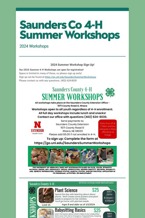 Saunders Co 4-H Summer Workshops