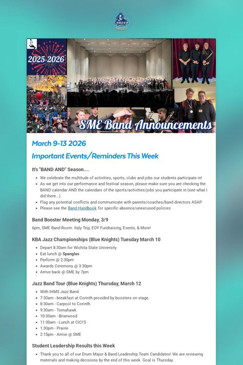 SME Band Announcements - 3/9/2026