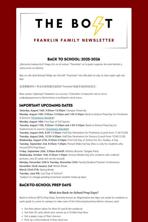 Back To School Newsletter